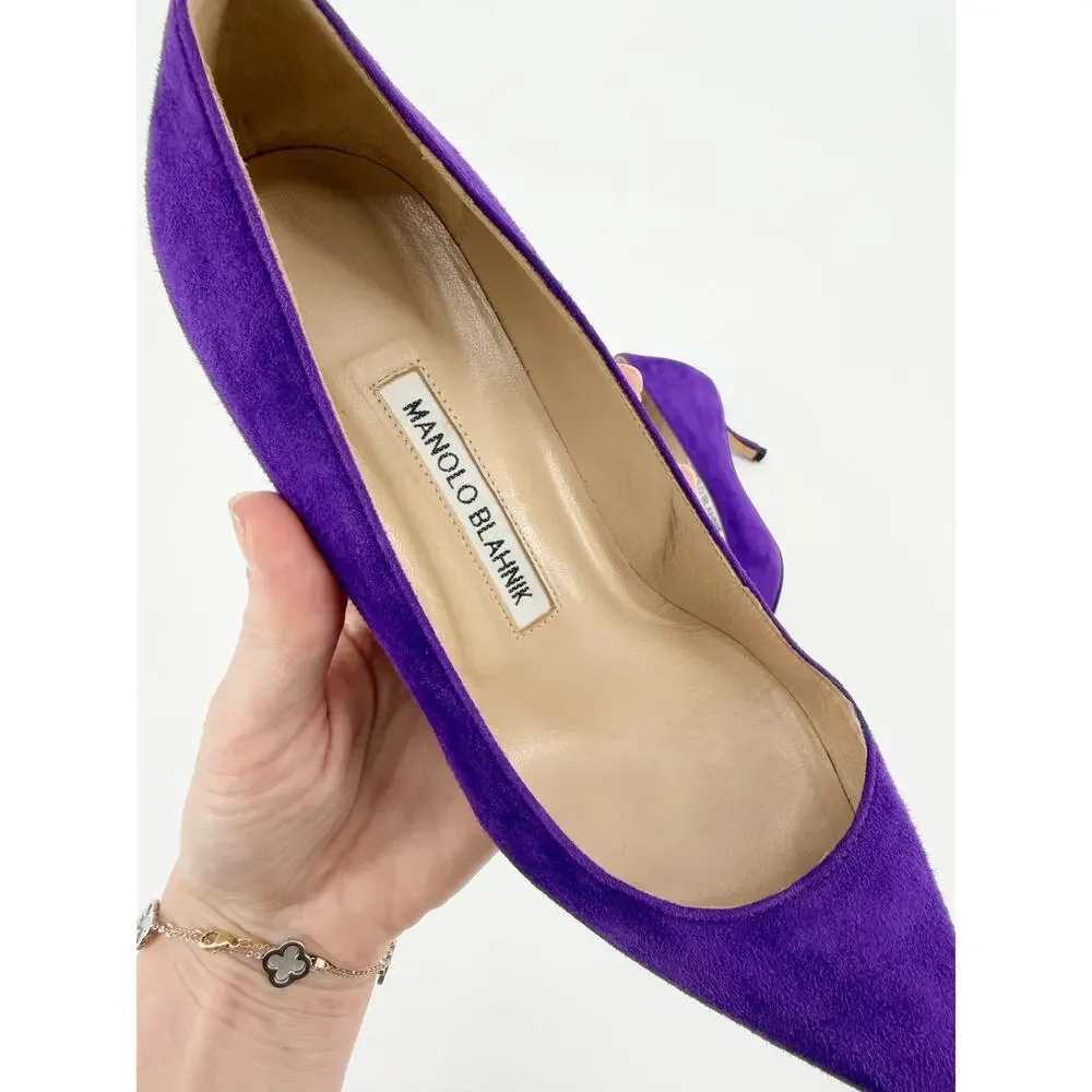 Manolo Blahnik BB Pumps Purple Suede Pointed Toe Low Kitten Heel Shoes 37